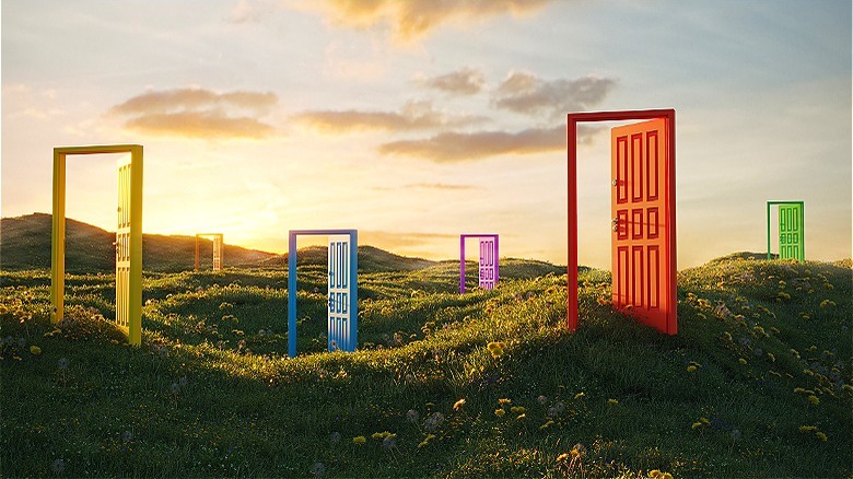 Colorful doors open in distance