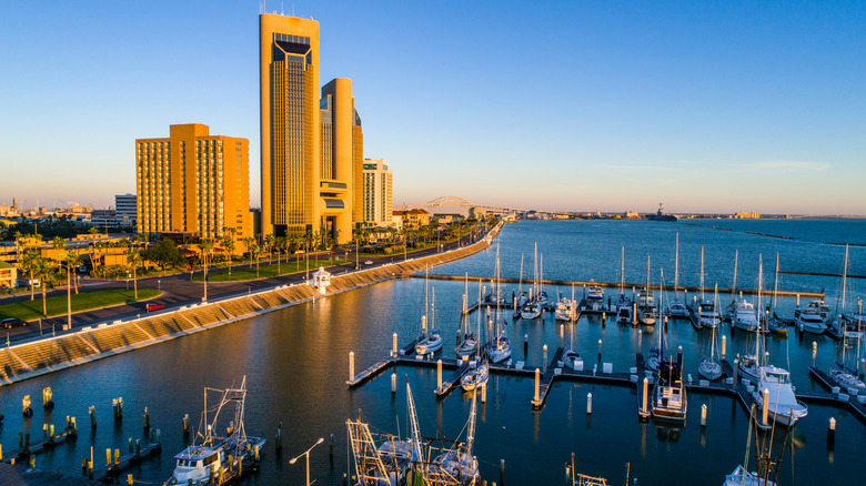 The sun rising over the bay in Corpus Christi, Texas