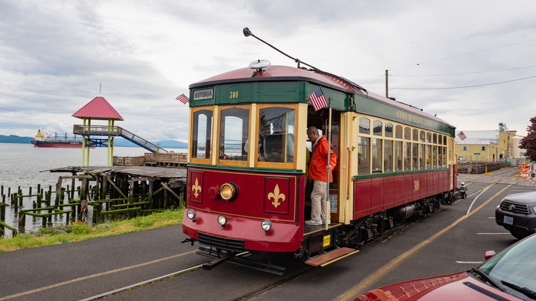 A streetcar transporting passengers via Astoria, Oregon's trolley system