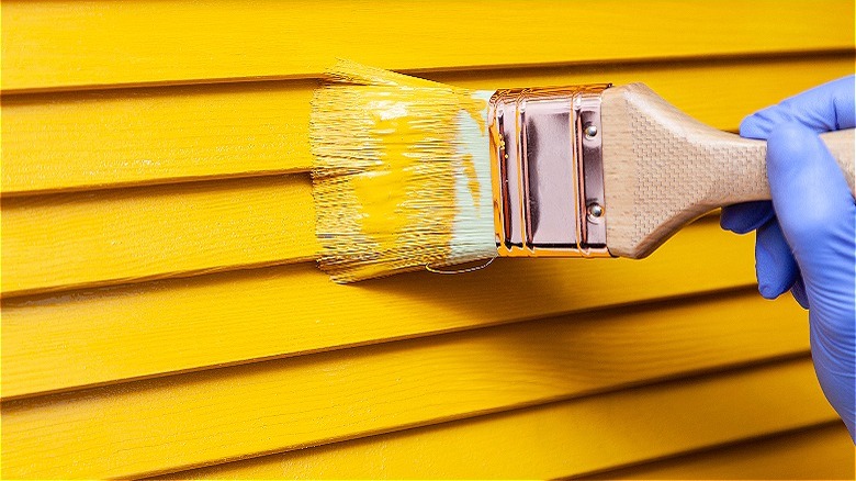 Person painting outside of house