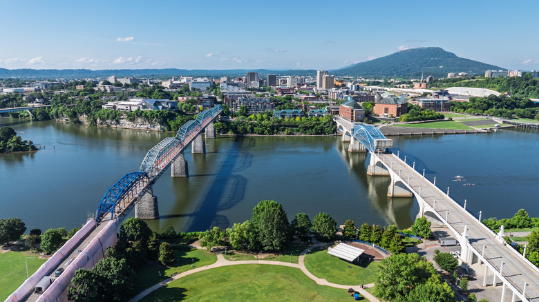 The Chattanooga skyline and Tennessee River with Lookout Mountain in background