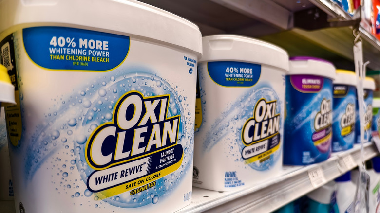 Tubs of Oxiclean sit on a store shelf