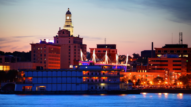 The skyline of Dubuque, Iowa, at night from across the Mississippi River.