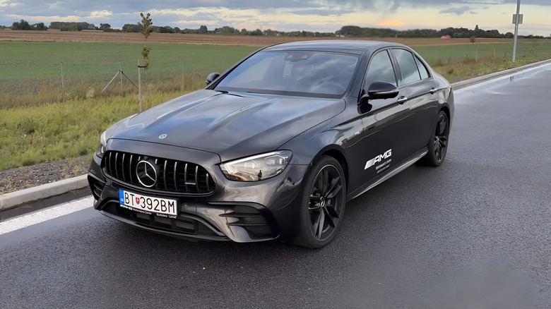 A 2023 Mercedes AMG E53 sedan on display