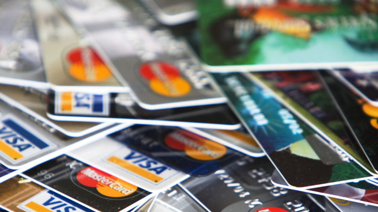 array of various Mastercard and Visa credit cards