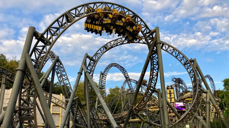 People upside down on a roller coaster at Alton Towers in the United Kingdom.