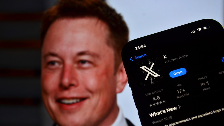 Elon Musk next to a picture of X in the Apple app store