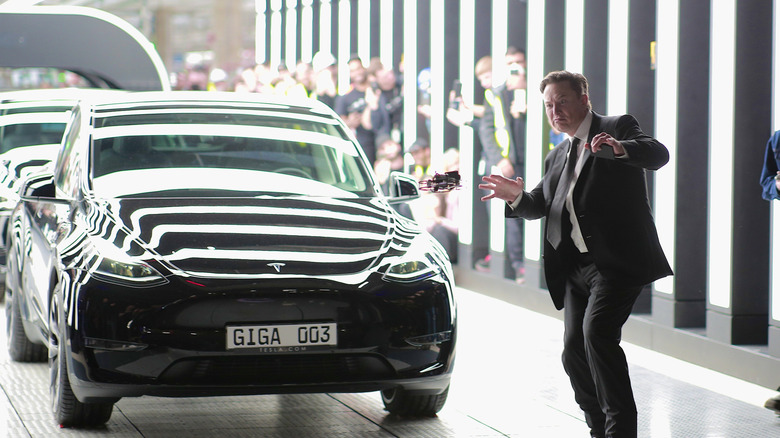 Elon Musk attends the official opening of the new Tesla electric car manufacturing plant on March 22, 2022