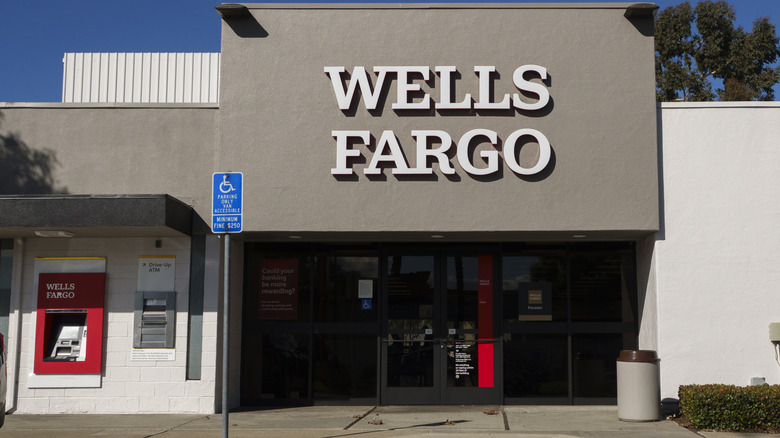entrance to Wells Fargo bank with sign above door