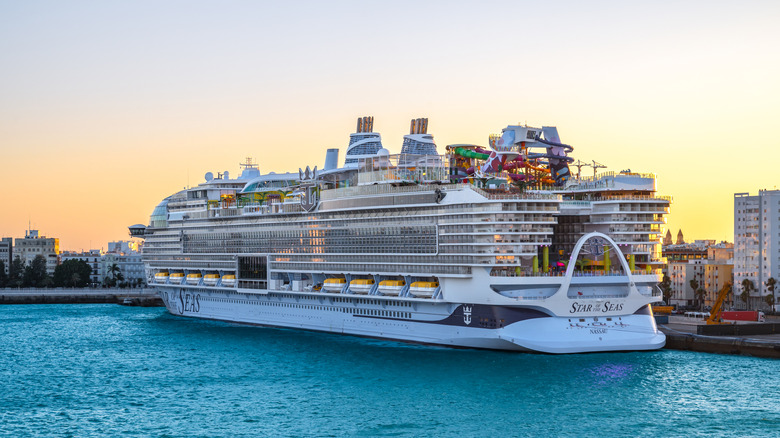 Cruise ship moored to a dock with a city in the background