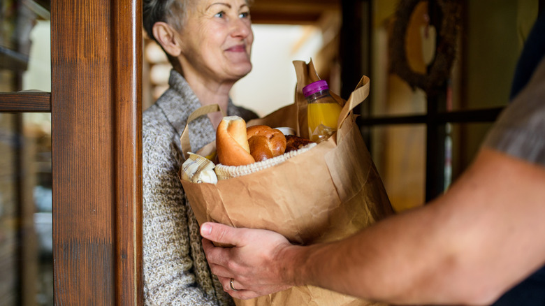 Delivery bag full of groceries being handed to woman