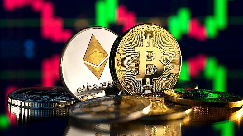 Cryptocurrency coins against lighted background