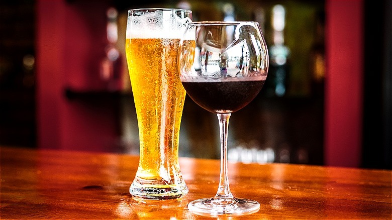 Glass of beer, red wine