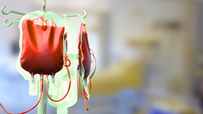 Bag of blood hanging for a transfusion