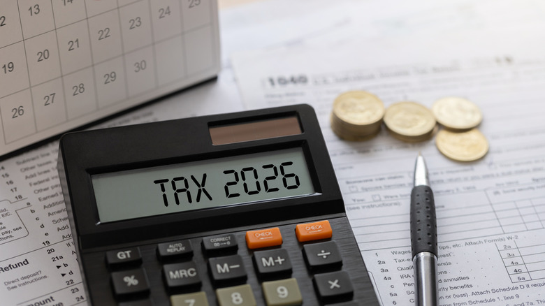 Calculator displaying Tax 2026 on screen