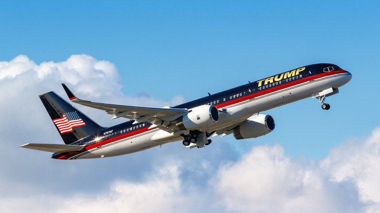Airplane bearing Trump logo taking off