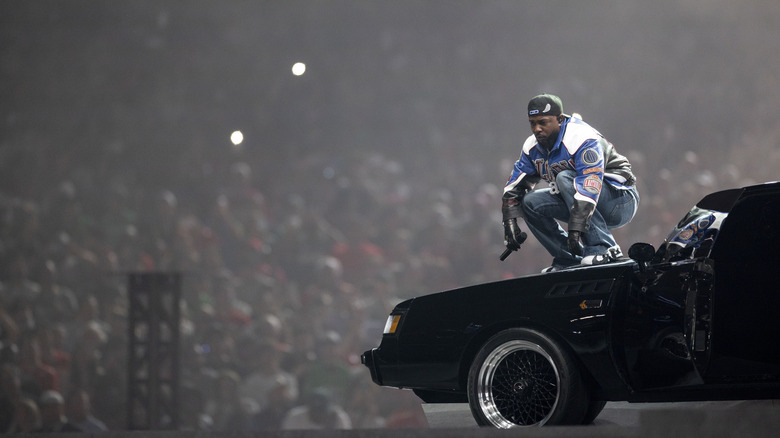 Kendrick Lamar performing at the Super Bowl halftime show