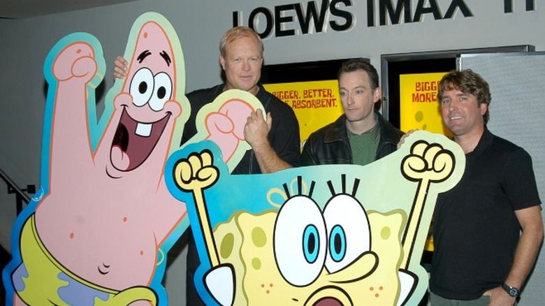 The voices of Patrick Starr and SpongeBob SquarePants with show creator Stephen Hillenburg at a promotional event for the SpongeBob movie.