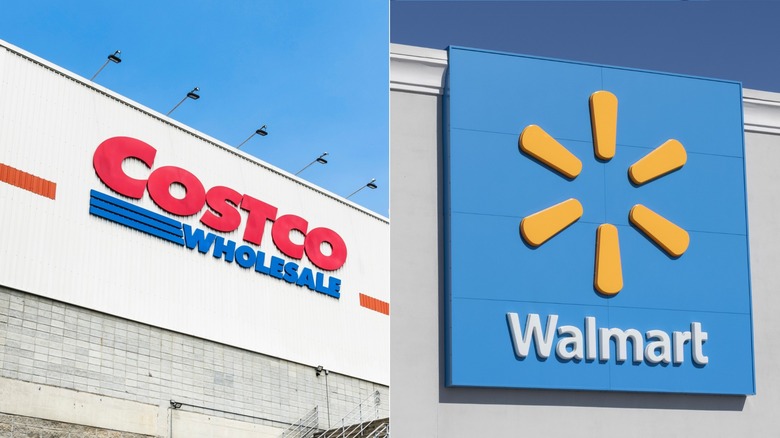 The exterior of a Costco Warehouse next to an exterior image of a Walmart store.