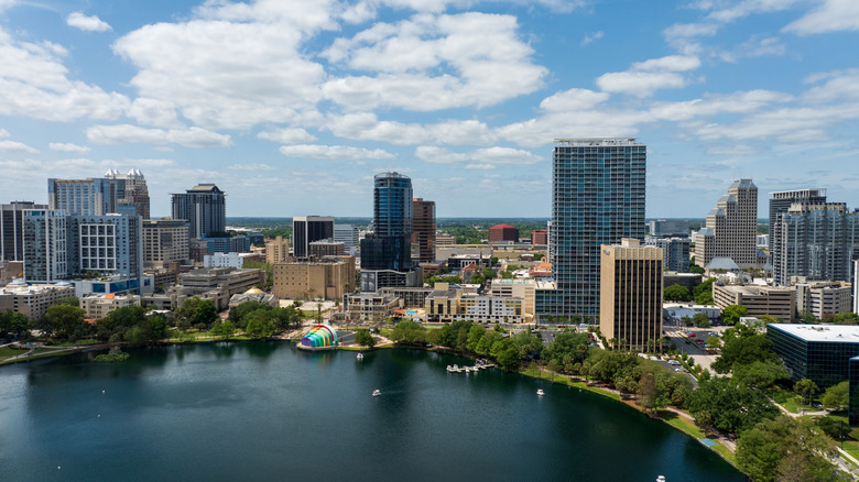 Downtown Orlando skyline overlooking the tranquil Lake Eola Park