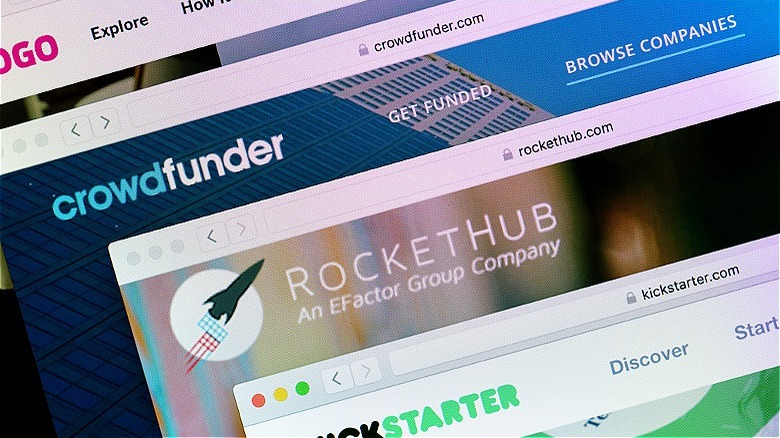 Computer windows displaying crowdfunding websites