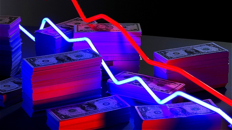 Cash piles, wavy neon lines