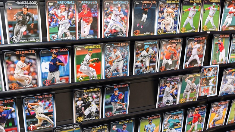 Four rows of baseball cards displayed