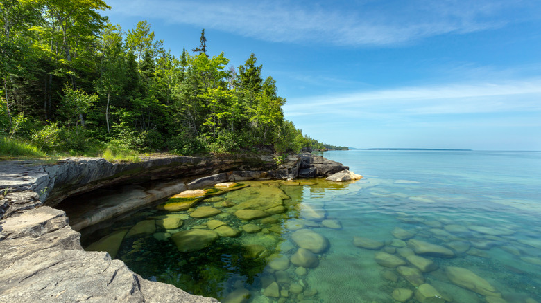 A rocky, treelined alcove near a crystal clear lake.
