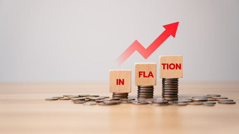 inflation spelled in blocks on stacks of coins