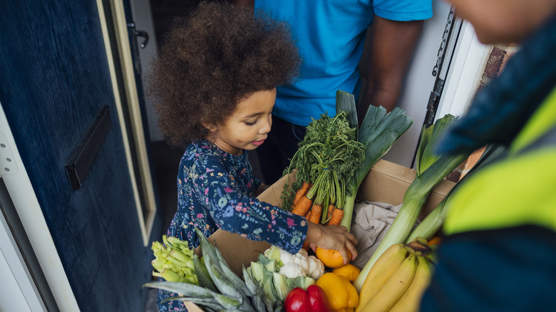 A little girl reaching into a grocery delivery bag