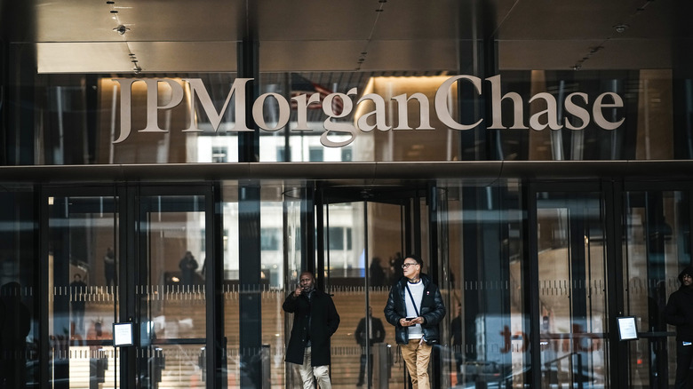People walking out of JPMorgan Chase building