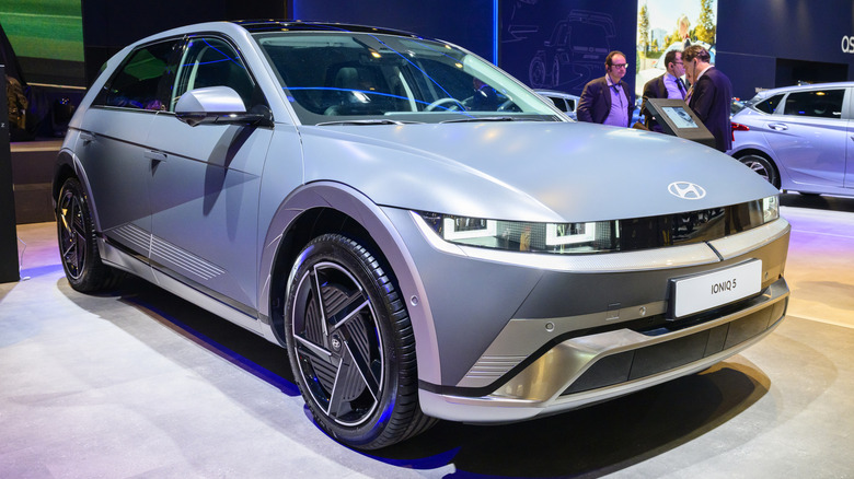 The Hyundai Ioniq 5 battery electric compact crossover SUV on display at the AutoSalon.