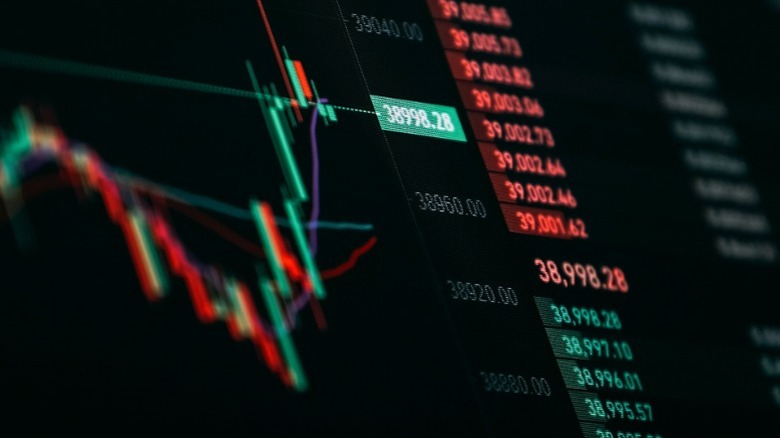 A chart on a screen showing daily fluctuations in the stock market.