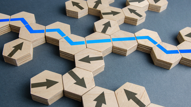 Blue path among diverging arrows