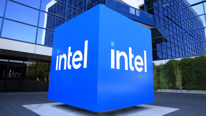 The intel logo on a box shaped installation at the entrance of an office building