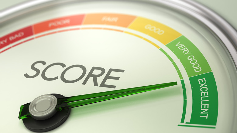 A credit score dial pointing towards excellent