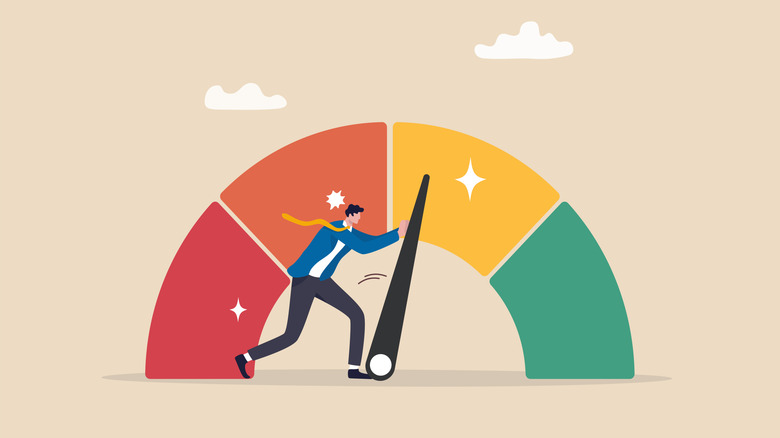 A drawing of a person pushing a credit score dial upwards
