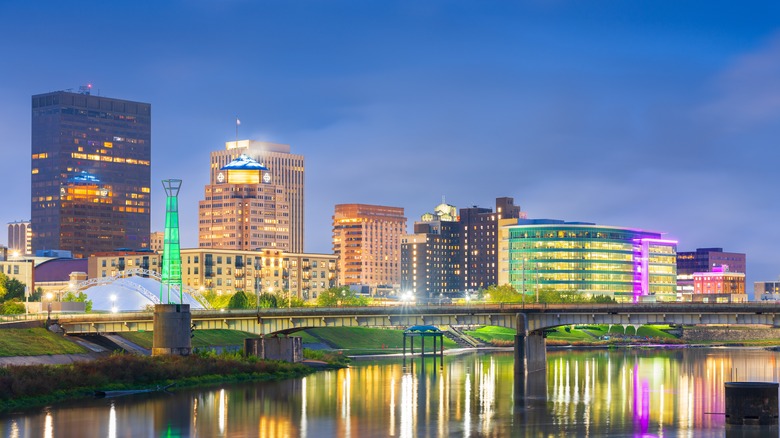 A waterfront view of the skyline in Dayton, Ohio.