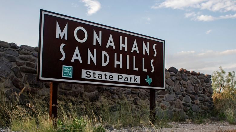 Monahans Sandhills State Park sign in Monahans, Texas.