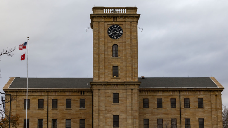 Historic Clock Tower Building on a cloudy fall day on Rock Island.