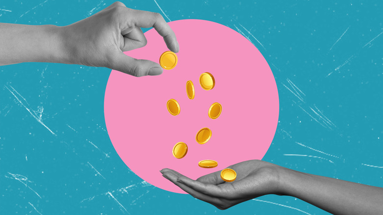 Art collage, hand with coins giving money to other hand on blue background.