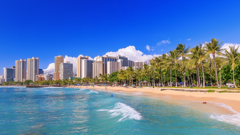 Skyline of Honolulu, Hawaii and the surrounding area including the hotels and buildings on Waikiki Beach.