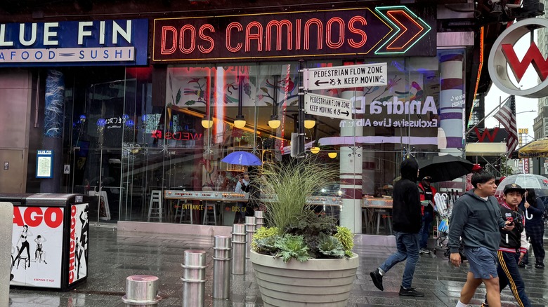 the name of Dos Caminos spelled in neon lighting with an arrow pointing to the entrance