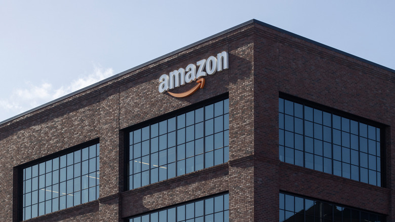 The brick exterior of an Amazon Warehouse in Palo Alto, California