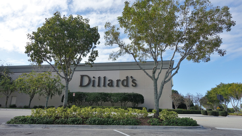 exterior of building with Dillard's sign framed by two trees