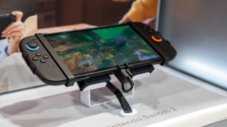 The Nintendo Switch 2 console on display in a store window.