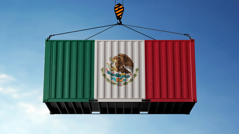 A shipping container bearing the Mexican flag hangs suspended in a bright blue sky.