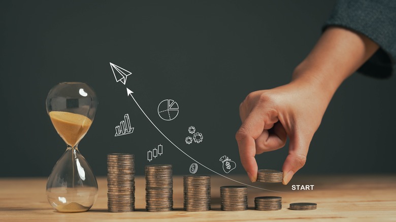 hand putting down coin alongside images showing growth over time