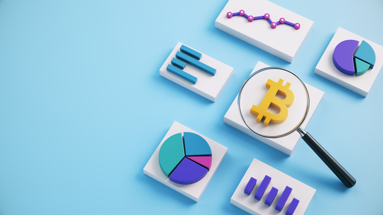 magnifying glass over a Bitcoin logo surrounded by charts