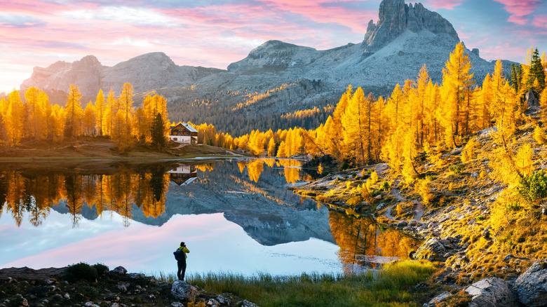 Picturesque view on Federa Lake in sunrise time.